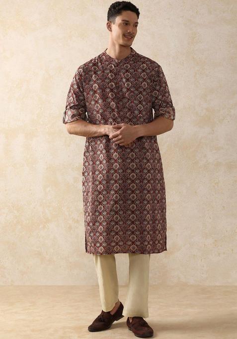 Maroon Printed Cotton Kurta Set For Men