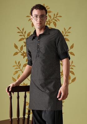 Black Printed Polyester Kurta Set For Men