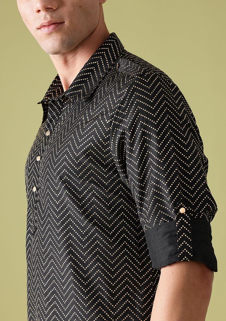 Black Printed Polyester Kurta Set For Men - Indya