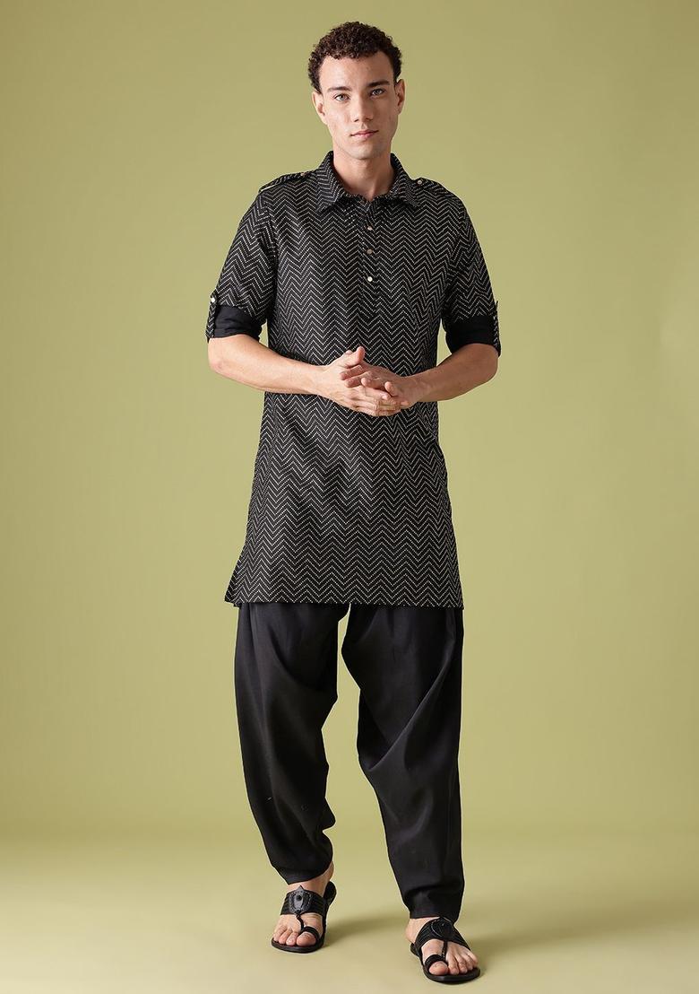 Black Printed Polyester Kurta Set For Men - Indya