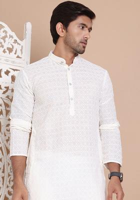 Beige Embroidered Cotton Kurta Set For Men