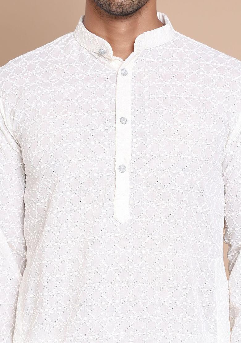 Beige Embroidered Cotton Kurta Set For Men - Indya