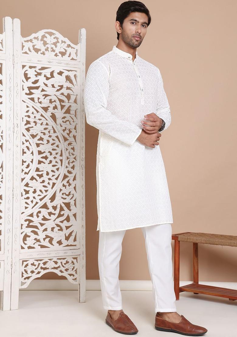 Beige Embroidered Cotton Kurta Set For Men - Indya