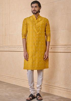 Yellow Embroidered Viscose Kurta Set For Men