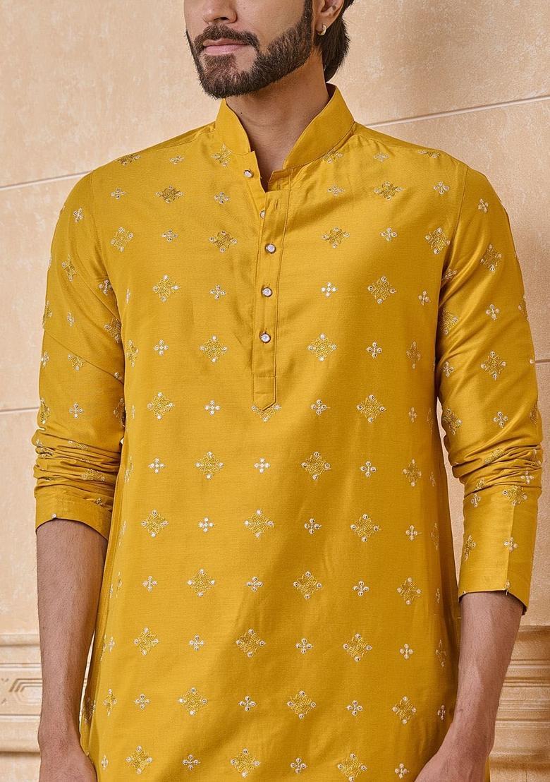 Yellow Embroidered Viscose Kurta Set For Men - Indya