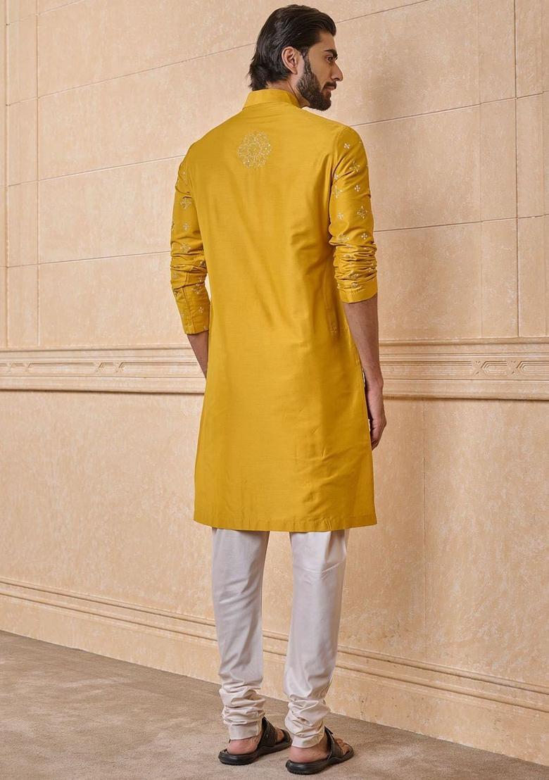 Yellow Embroidered Viscose Kurta Set For Men - Indya