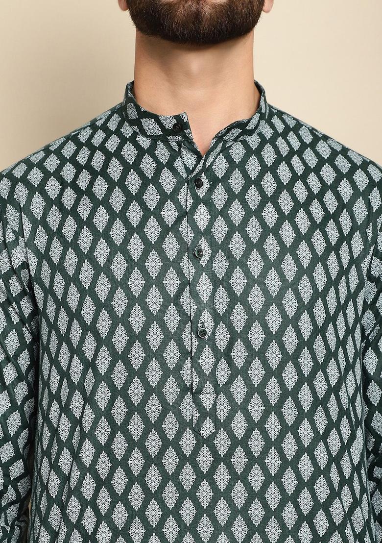 Green Printed Cotton Kurta Set For Men - Indya