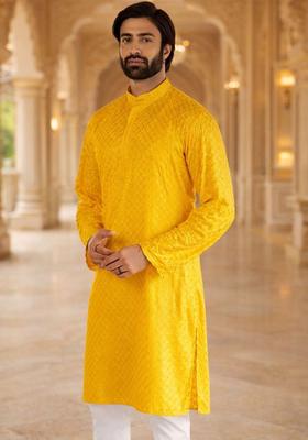 Yellow Self Design Cotton Kurta Set For Men