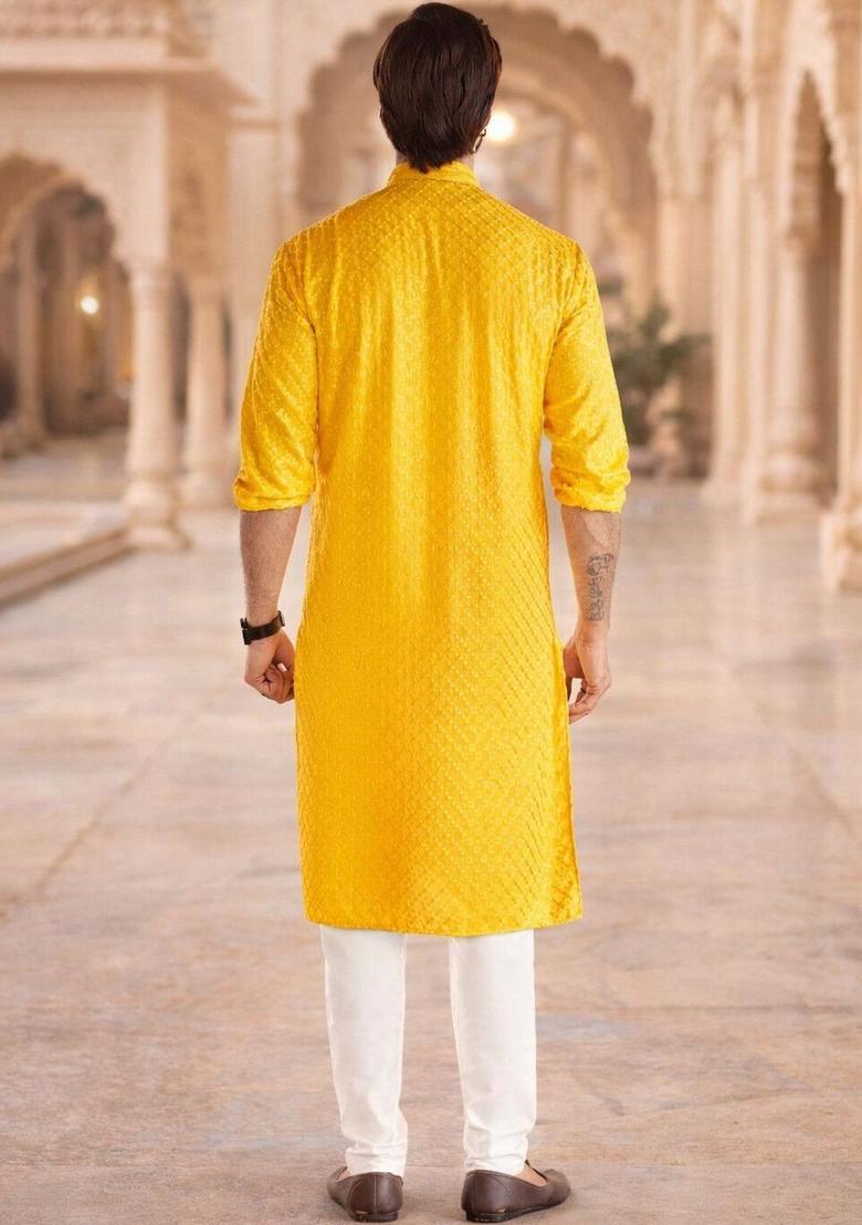 Yellow Self Design Cotton Kurta Set For Men - Indya
