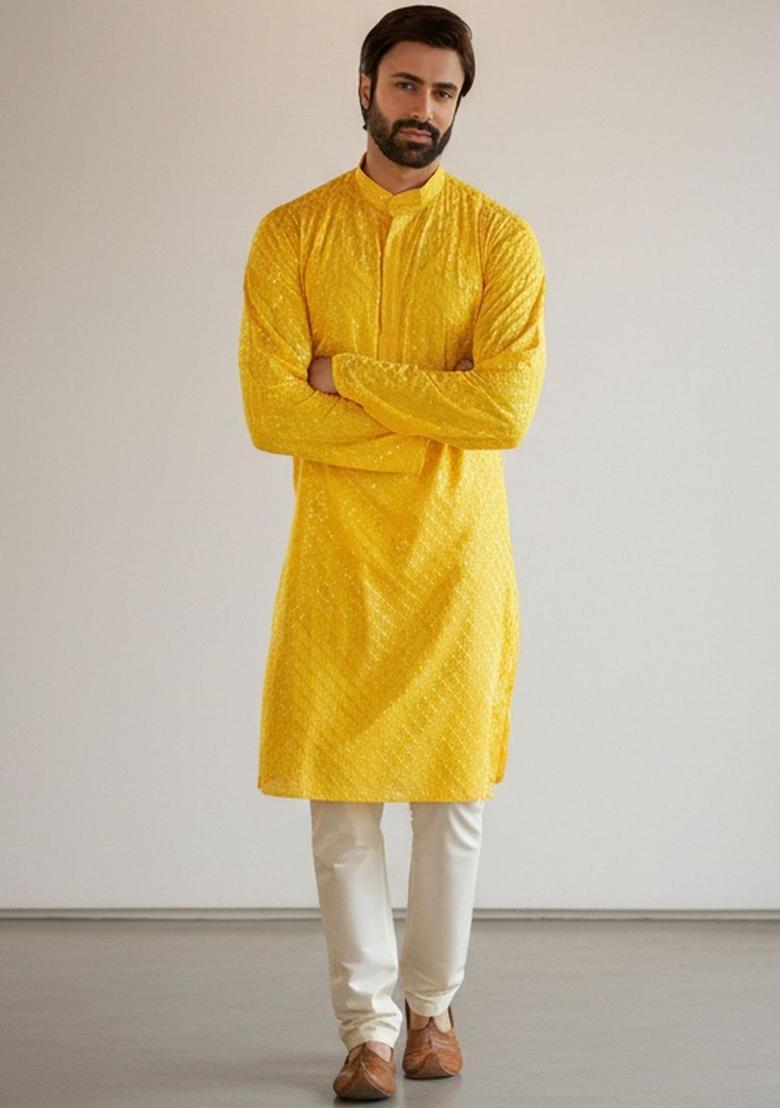 Yellow Self Design Cotton Kurta Set For Men - Indya