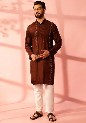 Brown Embroidered Cotton Kurta Set For Men
