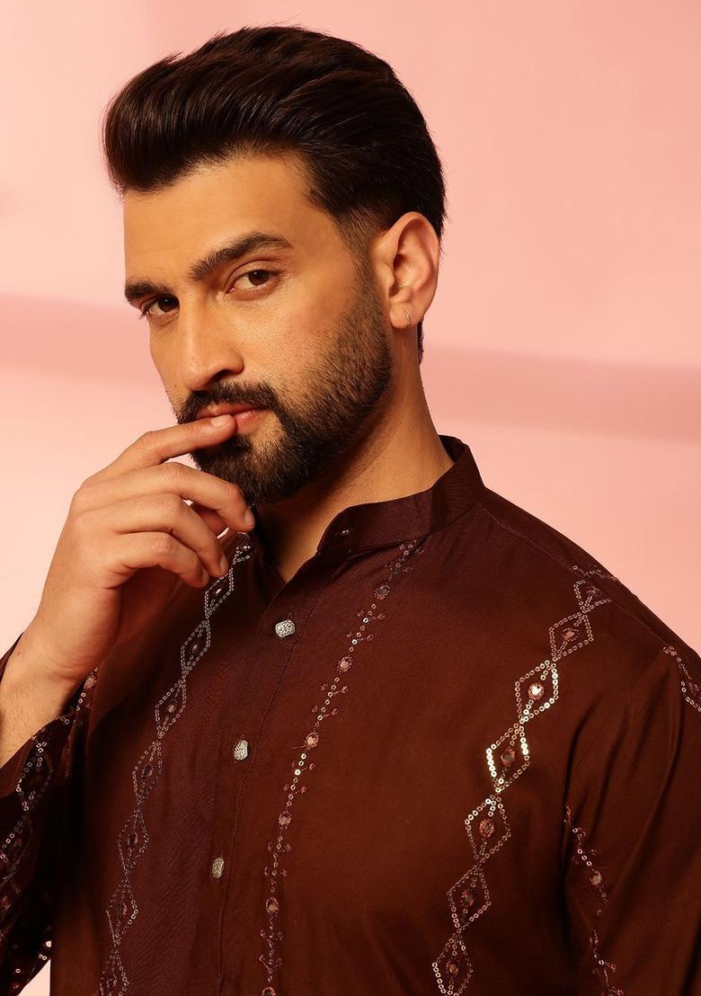 Brown Embroidered Cotton Kurta Set For Men - Indya