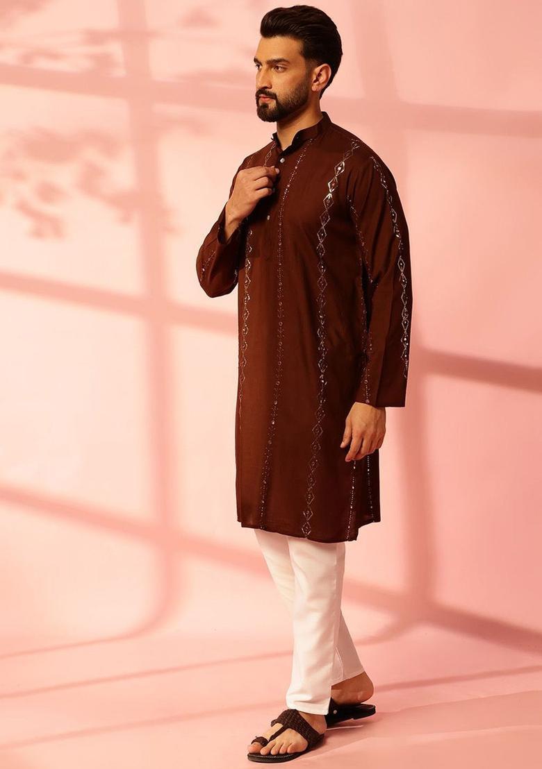 Brown Embroidered Cotton Kurta Set For Men - Indya