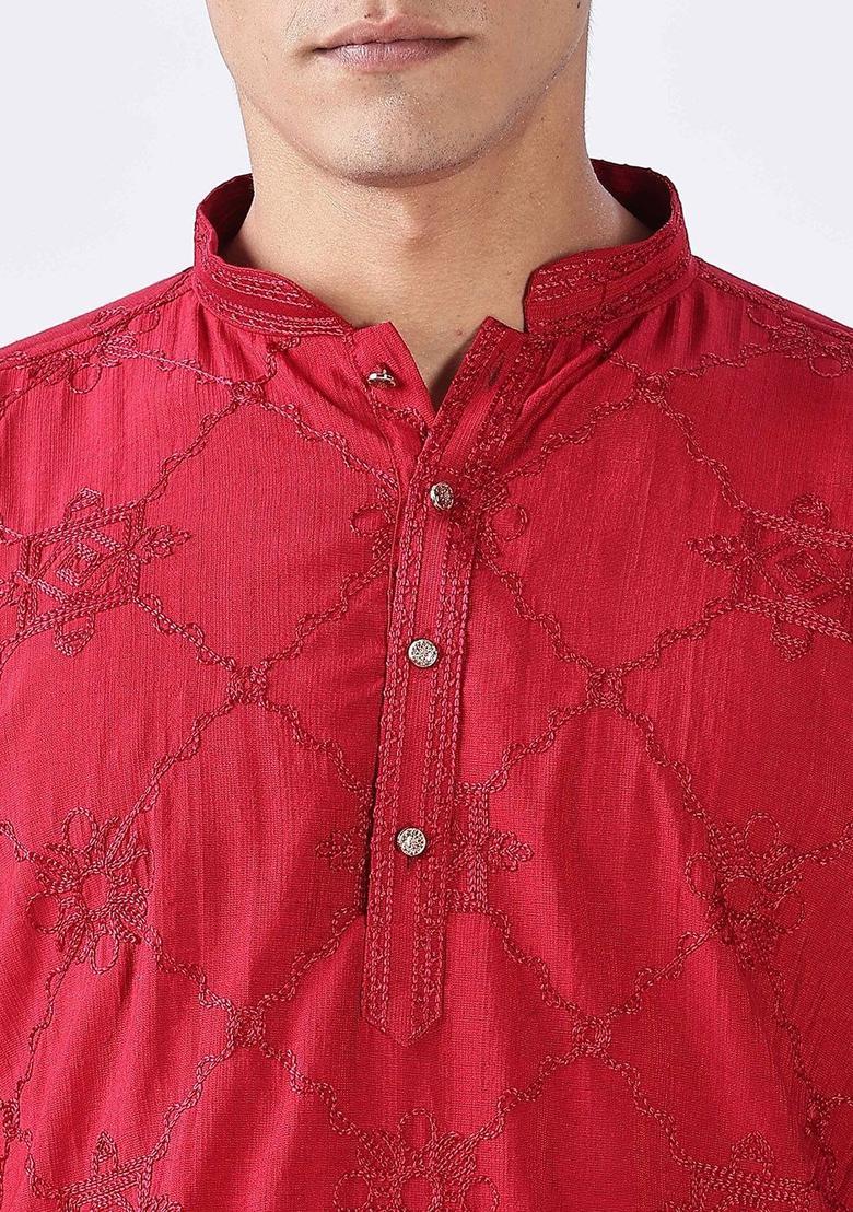 Maroon Embroidered Cotton Kurta Set For Men - Indya