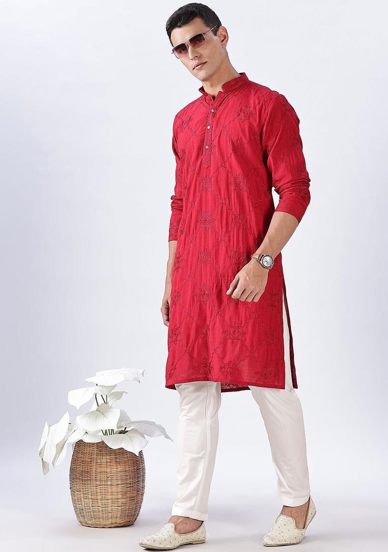 Maroon Embroidered Cotton Kurta Set For Men - Indya