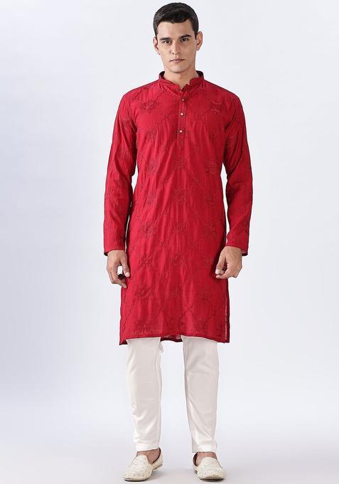 Maroon Embroidered Cotton Kurta Set For Men