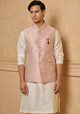 White Woven Design Viscose Kurta Set For Men