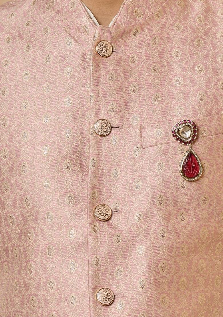 White Woven Design Viscose Kurta Set For Men - Indya