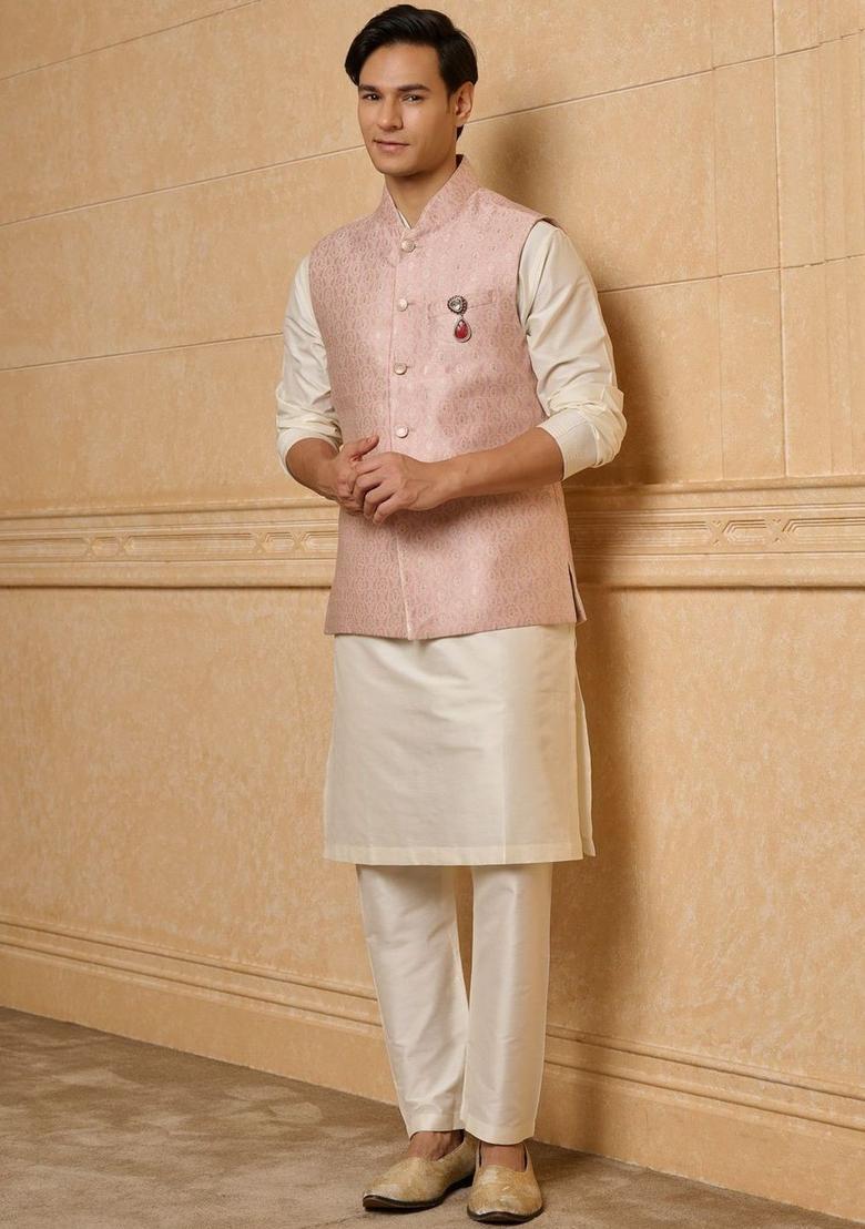 White Woven Design Viscose Kurta Set For Men - Indya