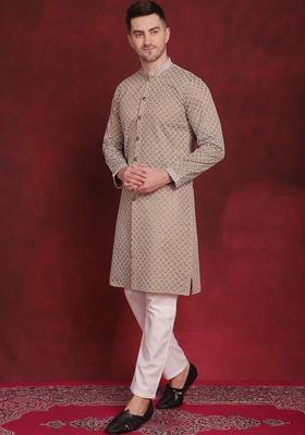 Brown Embroidered Silk Kurta Set For Men