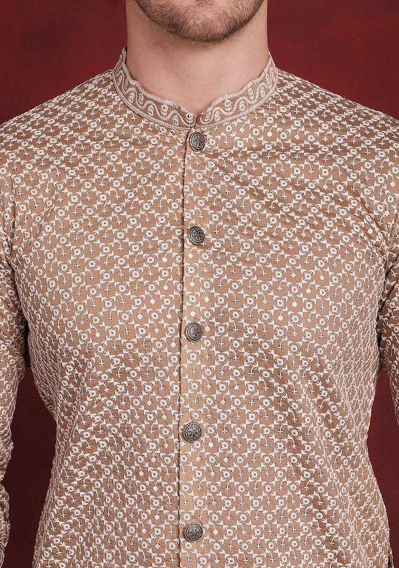 Brown Embroidered Silk Kurta Set For Men - Indya