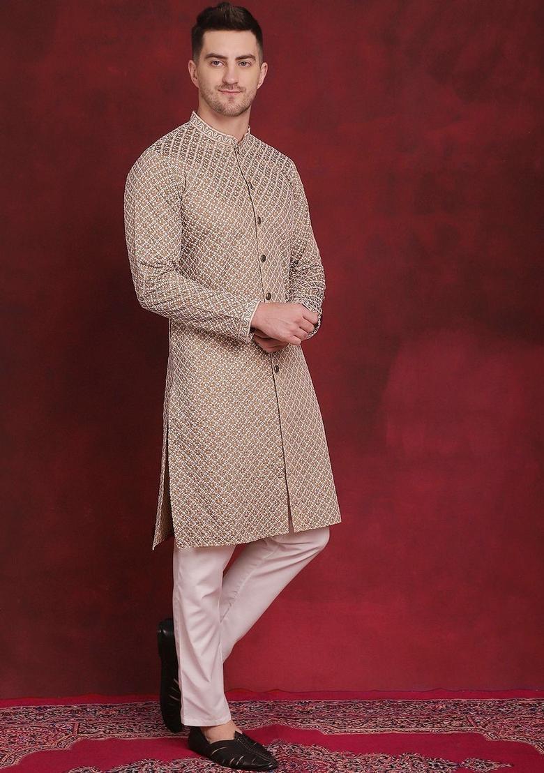 Brown Embroidered Silk Kurta Set For Men - Indya