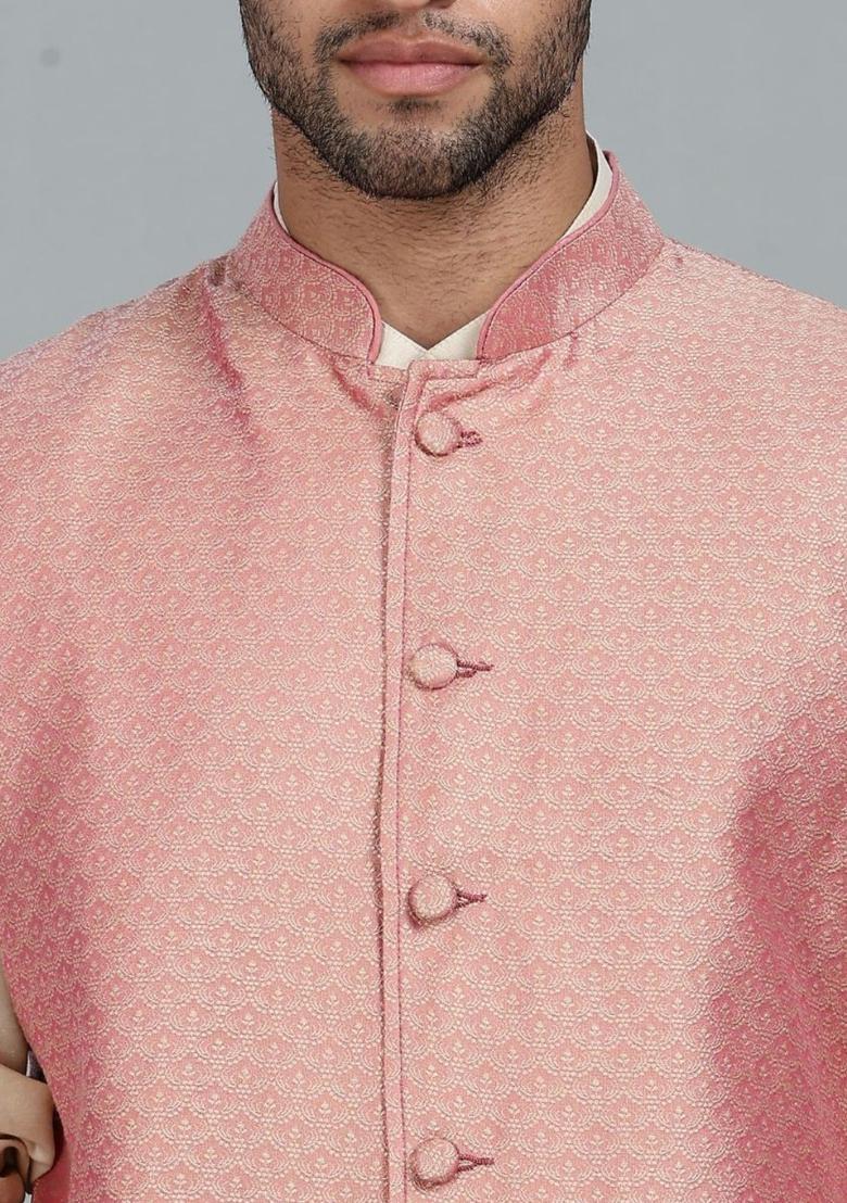 Beige Solid Polyester Kurta Set For Men - Indya