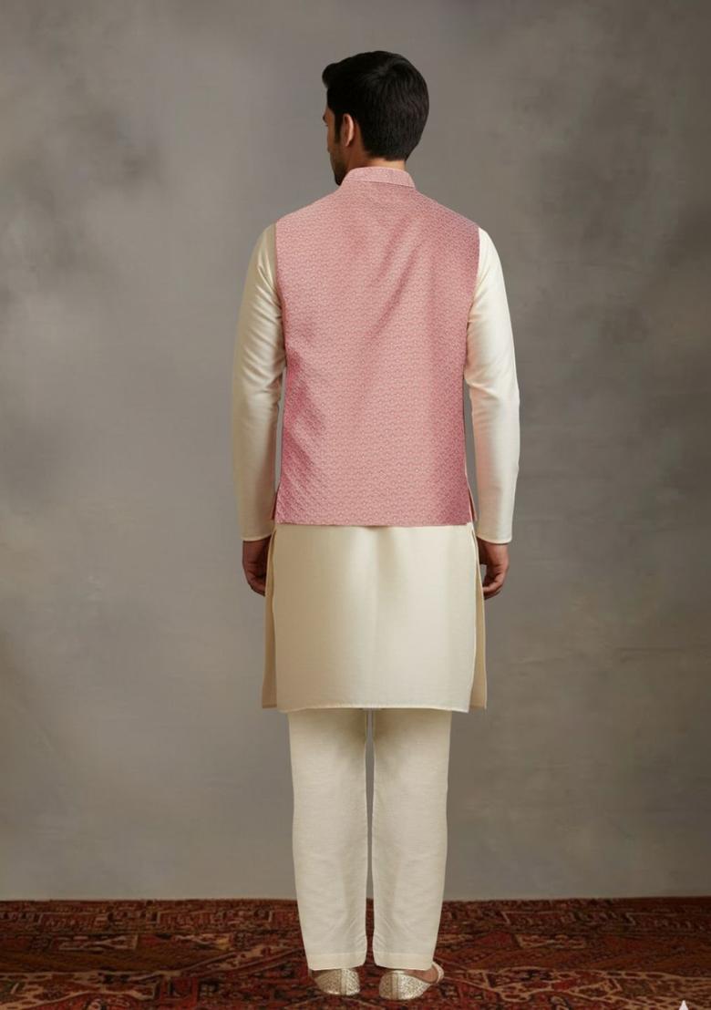 Beige Solid Polyester Kurta Set For Men - Indya