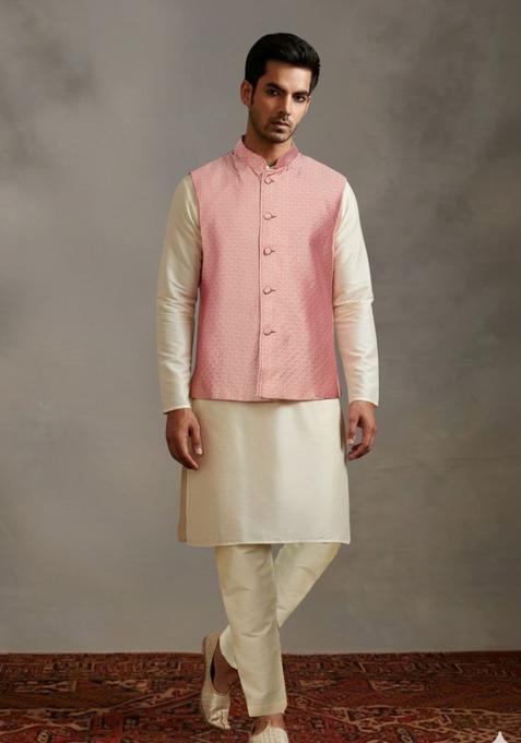 Beige Solid Polyester Kurta Set For Men