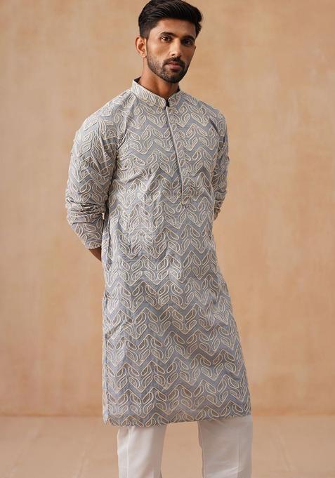 Grey Embroidered Silk Kurta Set For Men