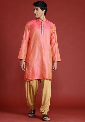 Peach Woven Design Viscose Kurta Set For Men