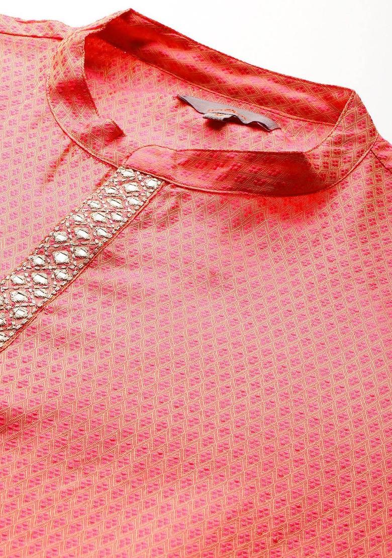 Peach Woven Design Viscose Kurta Set For Men - Indya