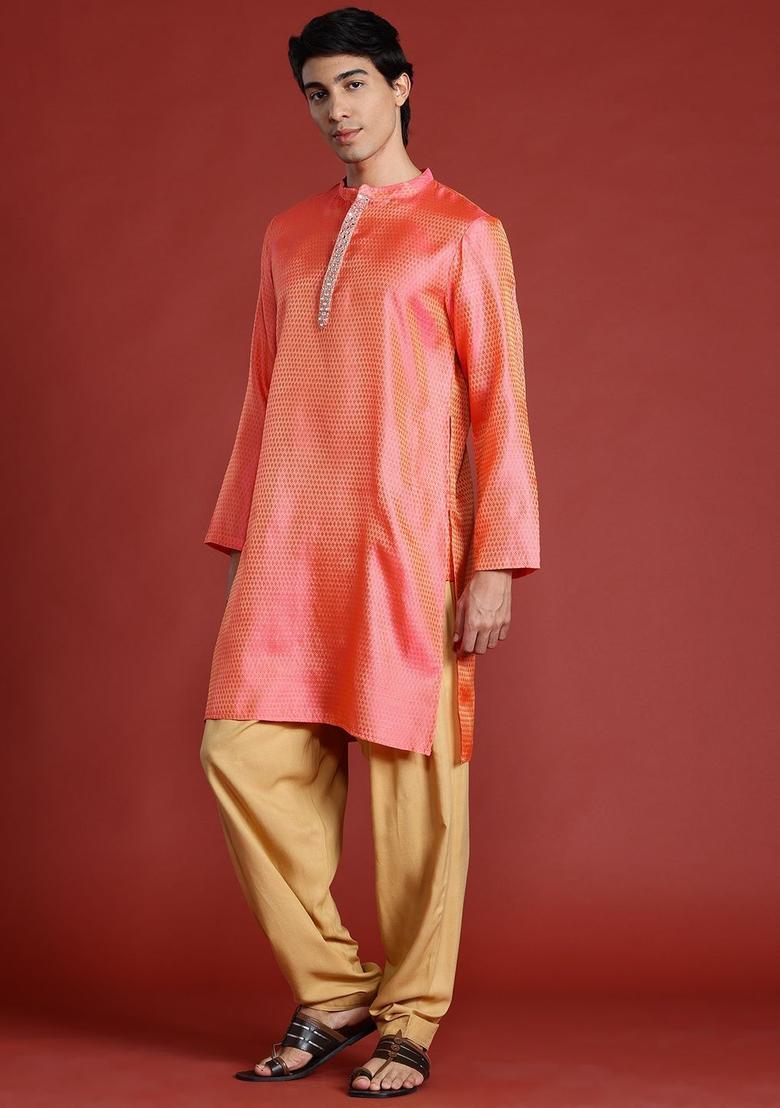 Peach Woven Design Viscose Kurta Set For Men - Indya