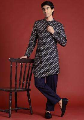 Blue Printed Viscose Kurta Set For Men
