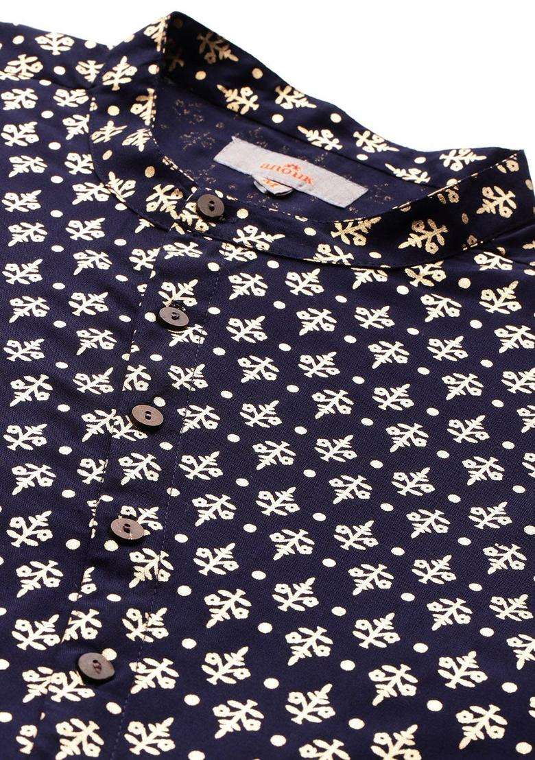 Blue Printed Viscose Kurta Set For Men - Indya