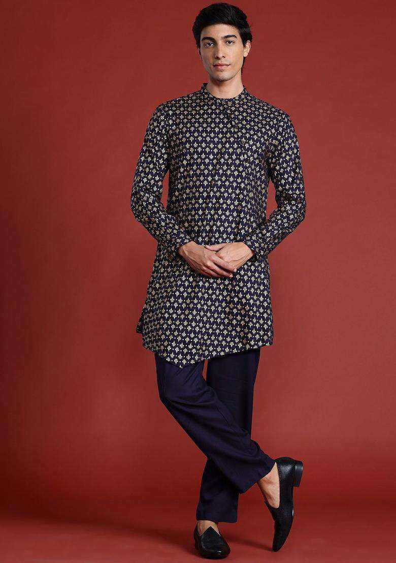 Blue Printed Viscose Kurta Set For Men - Indya