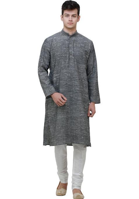 Grey Solid Cotton Kurta Set For Men