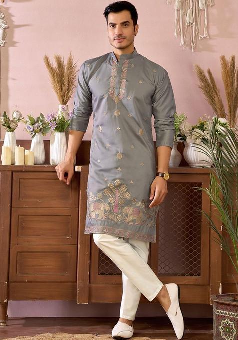 Grey Embroidered Cotton Kurta Set For Men
