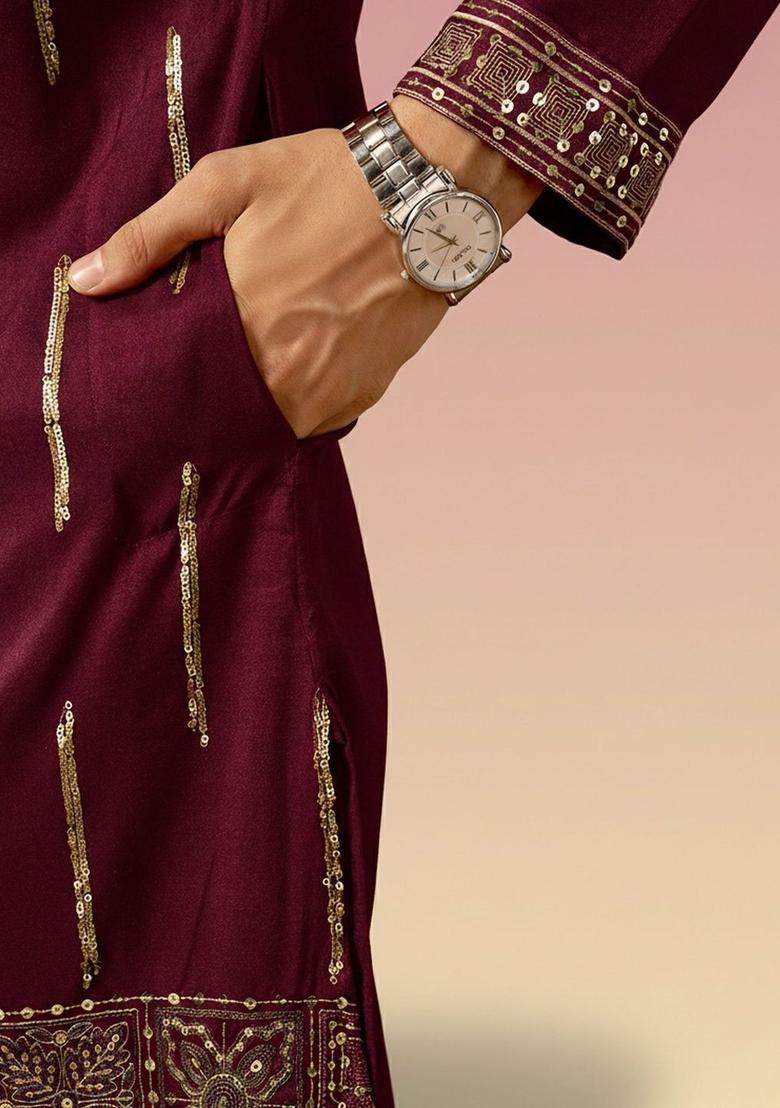 Maroon Embroidered Cotton Kurta Set For Men - Indya