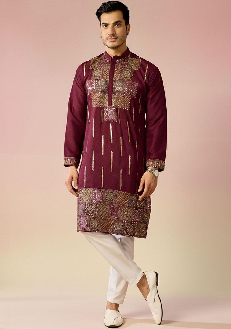 Maroon Embroidered Cotton Kurta Set For Men - Indya