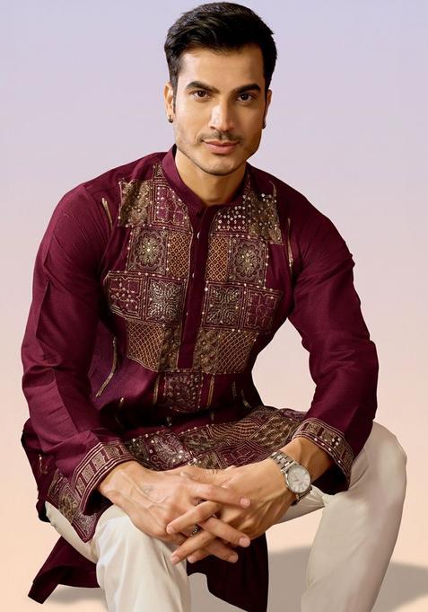 Maroon Embroidered Cotton Kurta Set For Men