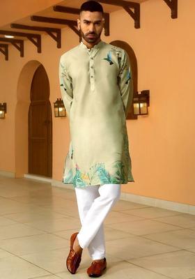 Olive Printed Cotton Kurta Set For Men