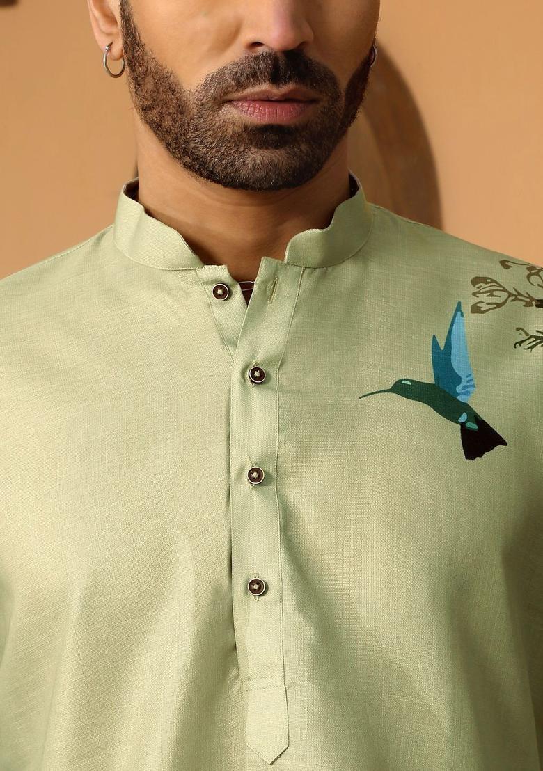 Olive Printed Cotton Kurta Set For Men - Indya