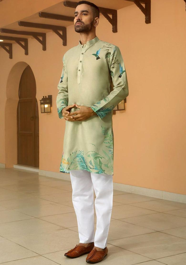 Olive Printed Cotton Kurta Set For Men - Indya