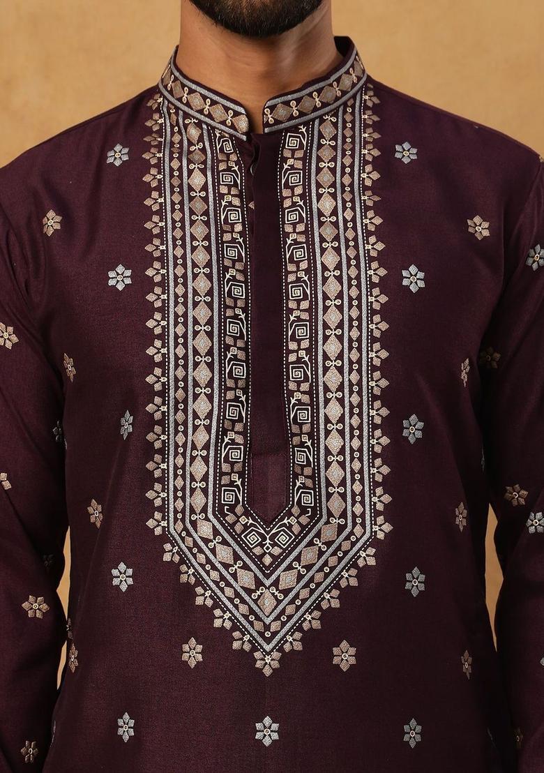 Maroon Embroidered Silk Kurta Set For Men - Indya