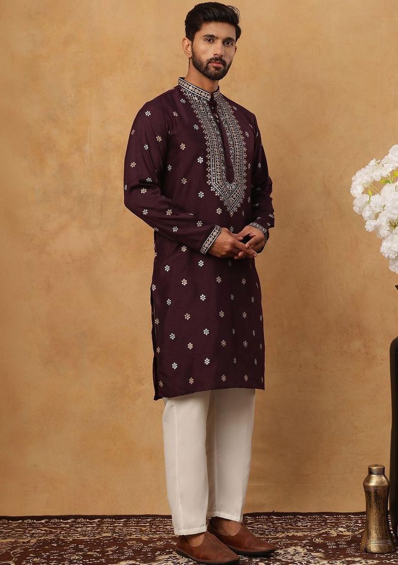 Maroon Embroidered Silk Kurta Set For Men - Indya