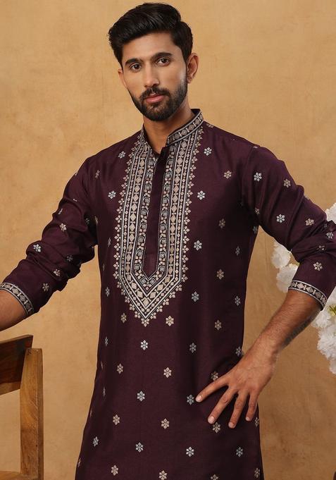 Maroon Embroidered Silk Kurta Set For Men