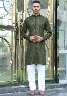 Olive Embroidered Viscose Kurta Set For Men