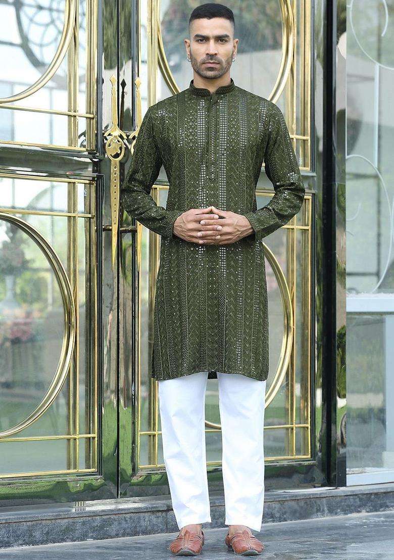 Olive Embroidered Viscose Kurta Set For Men - Indya