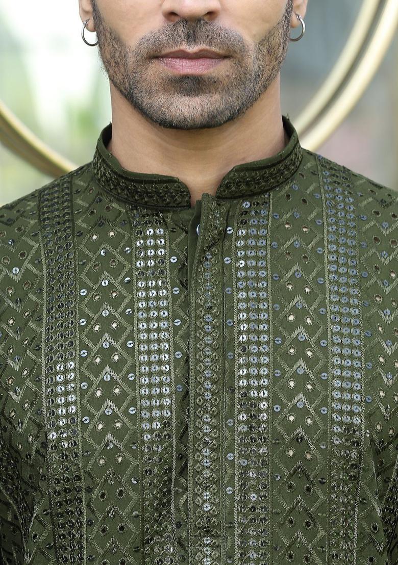 Olive Embroidered Viscose Kurta Set For Men - Indya